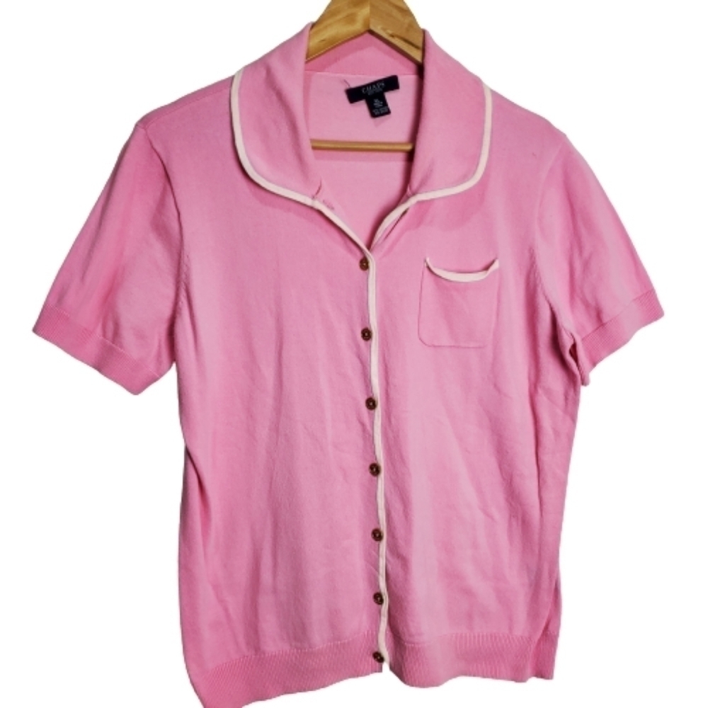 Vintage 90s Pink Button Down Short Sleeve Blouse with White Trim Size XL